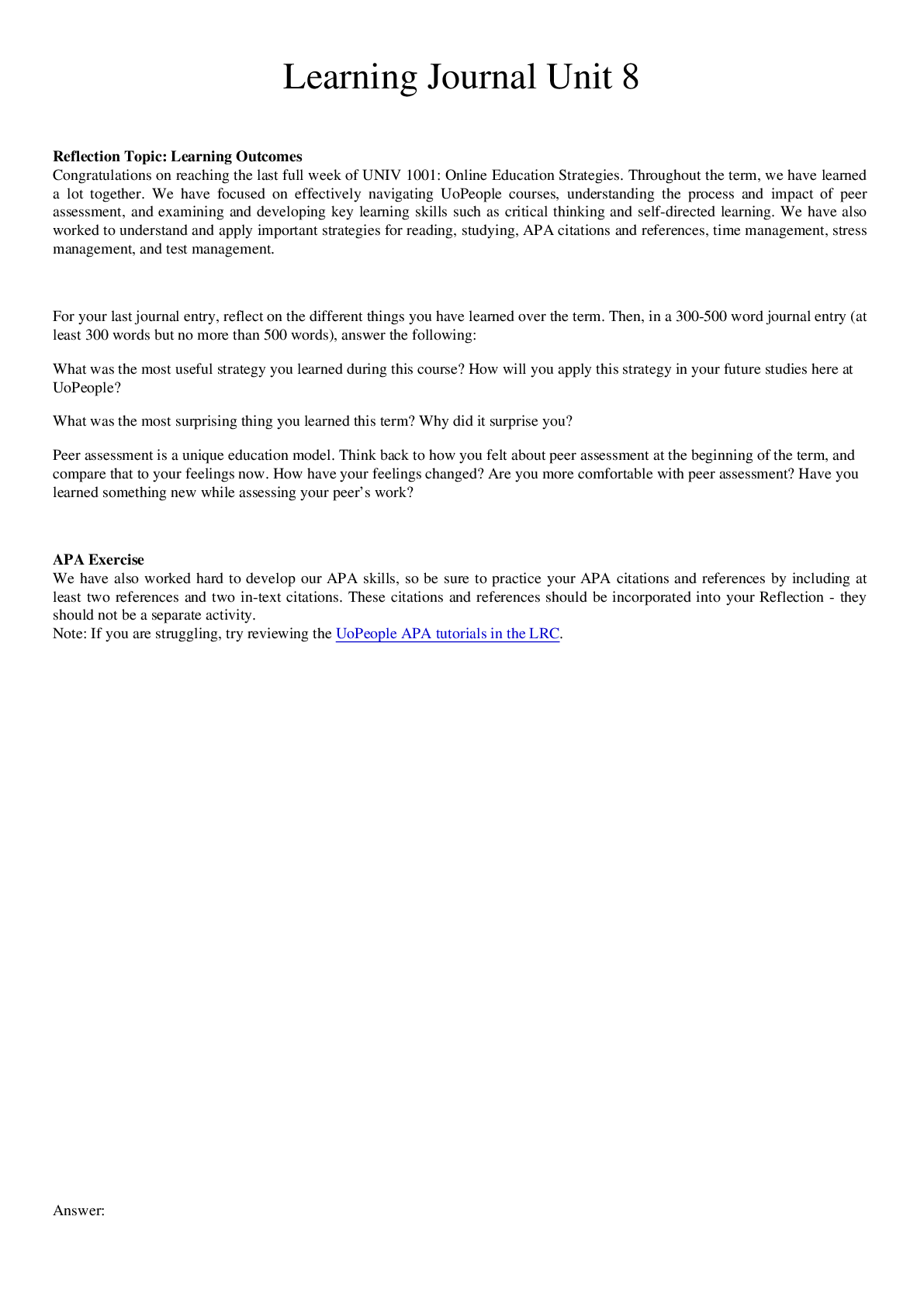 Preview image for University of the People UNIV1001 Online Education Strategies - Learning Journal Unit 8